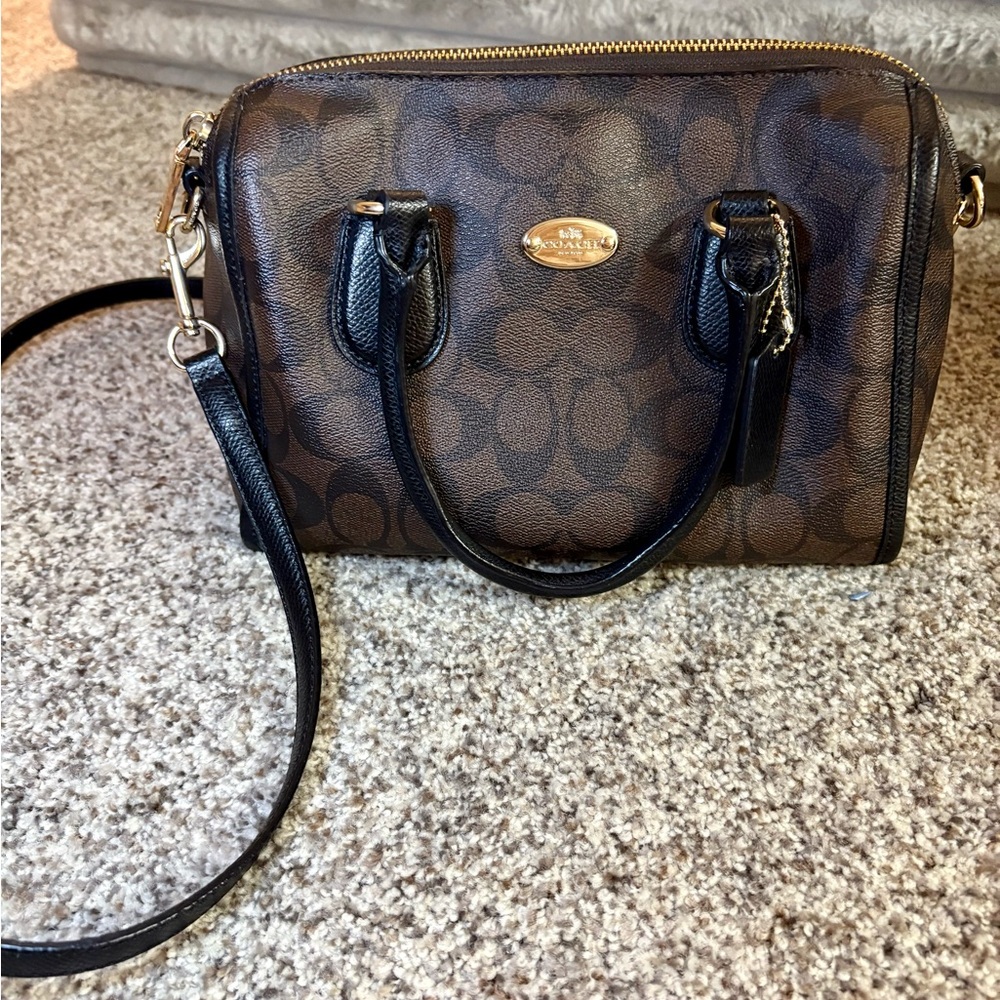 Coach Brown and Black Crossbody Bag with Signature Monogram